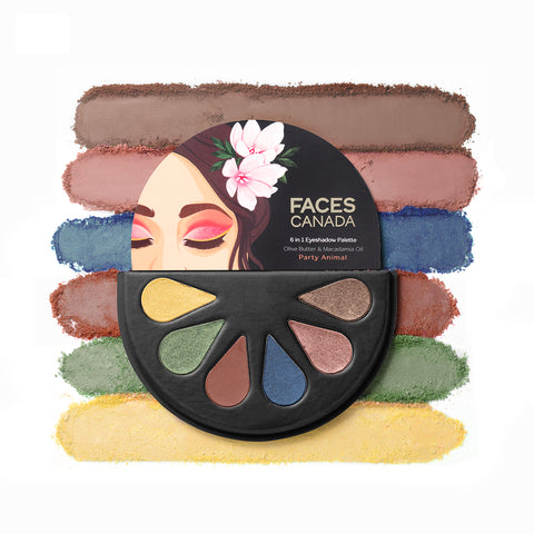 FACES CANADA 6 in 1 Eyeshadow Palette - Party Animal 04, 6 gm | Olive Butter & Macadamia Oil | Vibrant Colors | Highly Pigmented | Easily Blendable | Silky Satin Texture | No Crease | Cruelty-Free