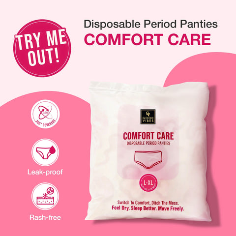 Good Vibes Comfort Care Disposable Period Panty Pack of 1 Travel & Trial Pack (L - XL) Leak-Proof Rash-Free & Super Absorbent | 360A° Coverage | Overnight Protection for Heavy Flow | Sanitary Underwear 1 pc