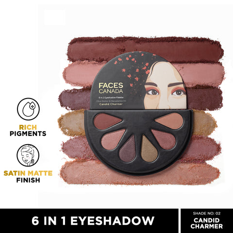 FACES CANADA 6 in 1 Eyeshadow Palette - Candid Charmer 02, 6 gm | Olive Butter & Macadamia Oil | Vibrant Colors | Highly Pigmented | Easily Blendable | Silky Satin Texture | No Crease | Cruelty-Free