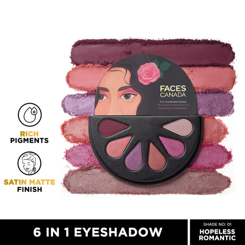 FACES CANADA 6 in 1 Eyeshadow Palette - Hopeless Romantic 01, 6 gm | Olive Butter & Macadamia Oil | Vibrant Colors | Highly Pigmented | Easily Blendable | Silky Satin Texture | No Crease | Cruelty-Free