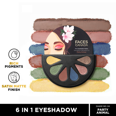 FACES CANADA 6 in 1 Eyeshadow Palette - Party Animal 04, 6 gm | Olive Butter & Macadamia Oil | Vibrant Colors | Highly Pigmented | Easily Blendable | Silky Satin Texture | No Crease | Cruelty-Free