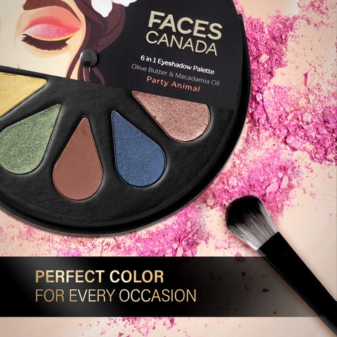FACES CANADA 6 in 1 Eyeshadow Palette - Party Animal 04, 6 gm | Olive Butter & Macadamia Oil | Vibrant Colors | Highly Pigmented | Easily Blendable | Silky Satin Texture | No Crease | Cruelty-Free