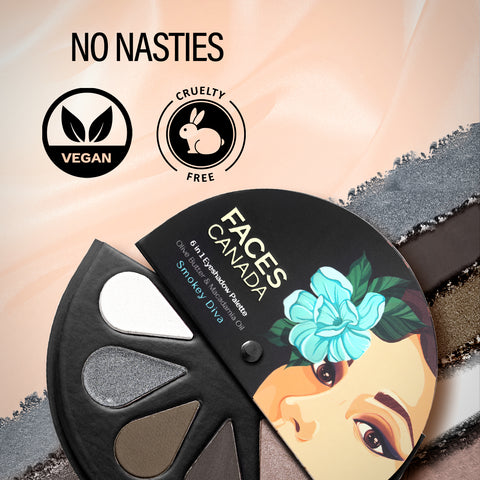 FACES CANADA 6 in 1 Eyeshadow Palette - Smokey Diva 03, 6 gm | Olive Butter & Macadamia Oil | Vibrant Colors | Highly Pigmented | Easily Blendable | Silky Satin Texture | No Crease | Cruelty-Free