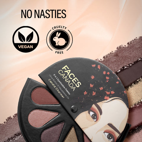 FACES CANADA 6 in 1 Eyeshadow Palette - Candid Charmer 02, 6 gm | Olive Butter & Macadamia Oil | Vibrant Colors | Highly Pigmented | Easily Blendable | Silky Satin Texture | No Crease | Cruelty-Free