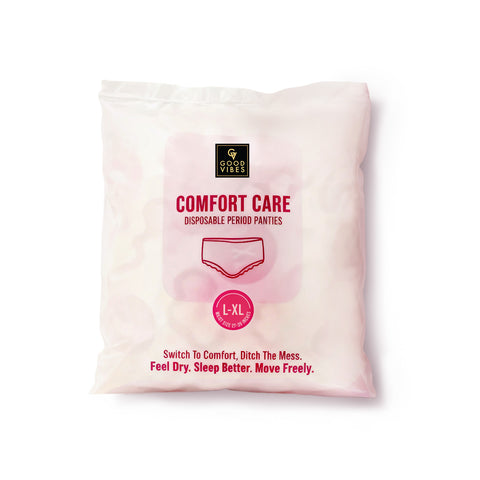 Good Vibes Comfort Care Disposable Period Panty Pack of 1 Travel & Trial Pack (L - XL) Leak-Proof Rash-Free & Super Absorbent | 360A° Coverage | Overnight Protection for Heavy Flow | Sanitary Underwear 1 pc