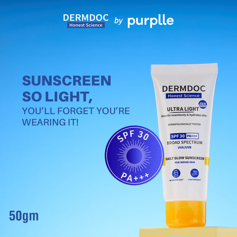 DERMDOC SPF 30 Ultra Light Daily Glow Sunscreen (50 gm) | PA+++ | Sunblock | Lightweight | Non-Greasy | 0 White Cast | Non-Comedogenic