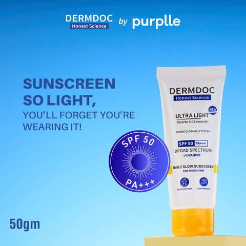 DERMDOC SPF 50 Ultra Light SPF Daily Glow Sunscreen (70 gm) | 50 gm + Extra 20 gm Free | Face Sunscreen | Lightweight | Non-Greasy | 0 White Cast | Oily Skin Friendly | Sunblock | PA+++ | Non-Comedogenic