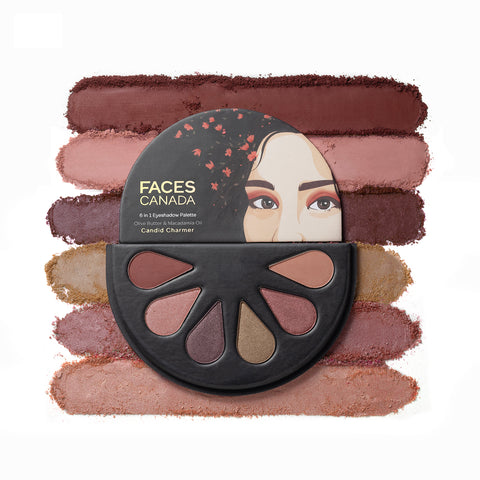 FACES CANADA 6 in 1 Eyeshadow Palette - Candid Charmer 02, 6 gm | Olive Butter & Macadamia Oil | Vibrant Colors | Highly Pigmented | Easily Blendable | Silky Satin Texture | No Crease | Cruelty-Free