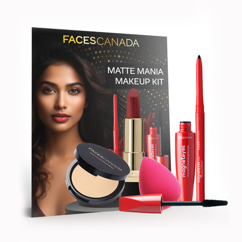 FACES CANADA Matte Mania Makeup Kit - Kajal (0.35 gm) + Lipstick (4.2 gm) + Compact (9 gm) + Mascara (9.5 ml) + Beauty Blender | Pack of 5 | Makeup Kit For Women