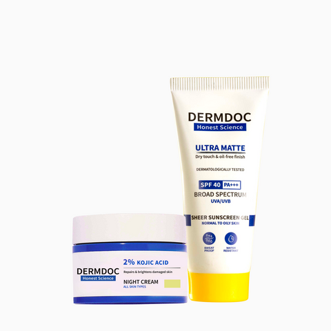 DERMDOC Glow & Protect Combo (Combo of 2) | 2% Kojic Acid Glow Fusion Formula Night Cream (50 gm) | UVA & UVB Broad Spectrum Sun Protection Gel Cream with SPF 40 PA+++ (50 gm)