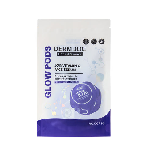 DERMDOC 10% Vitamin C Face Serum Glow Pods (Pack of 20 * 0.5 ml Each) (10 ml) | Potent Face Serum Sachets | Travel-Friendly | Brightening | Fights Dark Spots Pigmentation & Dull Skin | Serum For Acne
