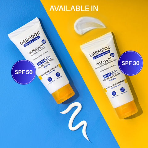 DERMDOC SPF 30 Ultra Light Daily Glow Sunscreen (50 gm) | PA+++ | Sunblock | Lightweight | Non-Greasy | 0 White Cast | Non-Comedogenic