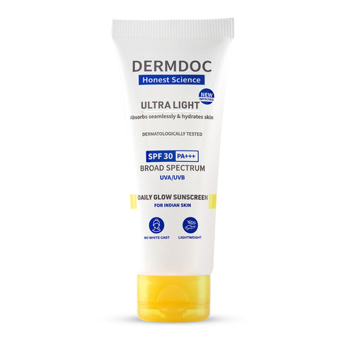 DERMDOC SPF 30 Ultra Light Daily Glow Sunscreen (50 gm) | PA+++ | Sunblock | Lightweight | Non-Greasy | 0 White Cast | Non-Comedogenic