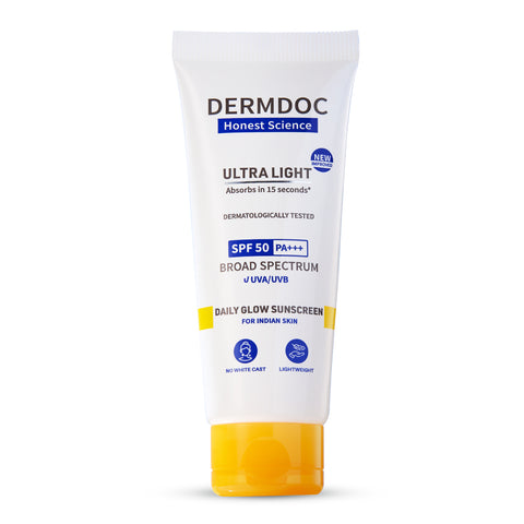 DERMDOC SPF 50 Ultra Light SPF Daily Glow Sunscreen (70 gm) | 50 gm + Extra 20 gm Free | Face Sunscreen | Lightweight | Non-Greasy | 0 White Cast | Oily Skin Friendly | Sunblock | PA+++ | Non-Comedogenic