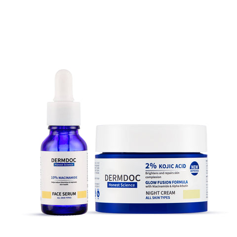 DERMDOC Glowlixir Set | Kojic Acid Glow Fusion Formula Night Cream (50 gm) | Niacinamide Face Serum (15 ml) | Glow | Brightening