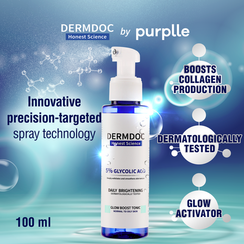 DERMDOC 5% Glycolic Acid Glow Boost Tonic (100 ml) | Toner For Glowing Skin | Gentle Exfoliation | Precision Spray Bottle | Skin Brightening