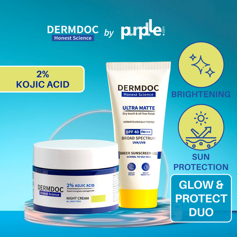 DERMDOC Glow & Protect Combo (Combo of 2) | 2% Kojic Acid Glow Fusion Formula Night Cream (50 gm) | UVA & UVB Broad Spectrum Sun Protection Gel Cream with SPF 40 PA+++ (50 gm)