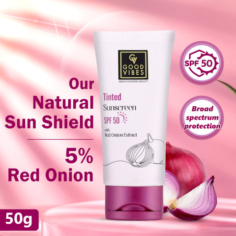Good Vibes Red Onion Tinted Sunscreen SPF 50 | PA++++ | 5% Red onion Extract | Natural Shield | Glass Skin Effect | UV A & UV B Protection | Blue Light Protection | Sun Cream | Sunblock Sunscreen (50 gm)