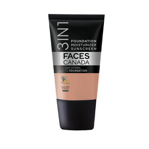 FACES CANADA All Day Hydra Matte Foundation - Mini | 3-in-1 Foundation + Moisturizer + SPF 30 | 24 HR Aloe Hydration & Vitamin C | 10HR Long Wear | Medium to High Buildable Coverage | Caramel Natural | 18 ml