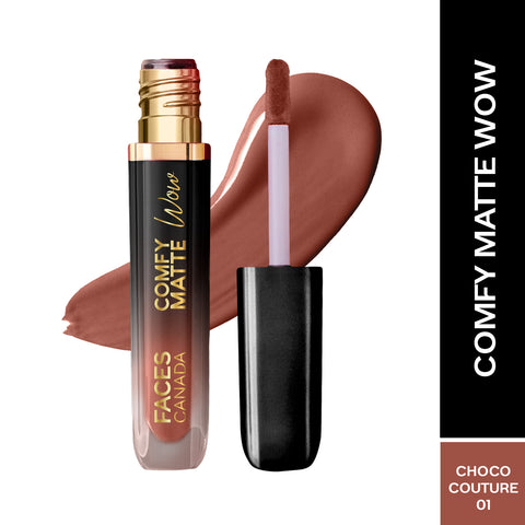FACES CANADA Comfy Matte Wow Liquid Lipstick - Choco Couture 01, 3.8 ml | One Swipe Application | Highly Pigmented | Comfortable Wear | Glides Smoothly | Long Lasting | Transferproof