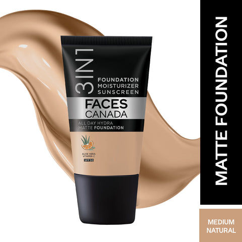 FACES CANADA All Day Hydra Matte Foundation - Mini | 3-in-1 Foundation + Moisturizer + SPF 30 | 24 HR Aloe Hydration & Vitamin C | 10HR Long Wear | Medium to High Buildable Coverage | Medium Natural | 18 ml