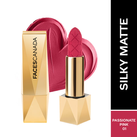 FACES CANADA Comfy Silk Obsession Lipstick - Passionate Pink 01, 4 gm | Creamy Matte Finish | Highly Pigmented | 8 Hours Long Stay | Luxurious & Elegant | Glides Effortlessly | Silky Smooth Texture | Hydrating Lips