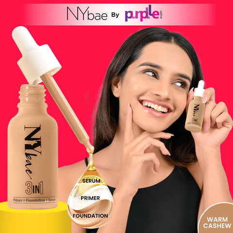 NY Bae 3 IN 1 Serum Foundation - Warm Cashew 03 (30 ml) | Infused with Primer | Moisturising I Glowing Korean Skin I Celeb Glow | Dewy Makeup | Evens Skin Tone | Ultra Glow