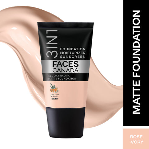 FACES CANADA All Day Hydra Matte Foundation - Mini | 3-in-1 Foundation + Moisturizer + SPF 30 | 24 HR Aloe Hydration & Vitamin C | 10HR Long Wear | Medium to High Buildable Coverage | Rose Ivory | 18 ml