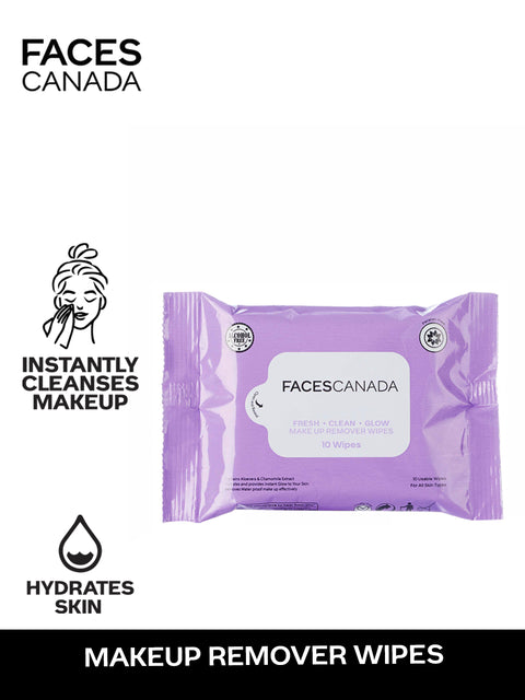 FACES CANADA Fresh Clean Glow Makeup Remover Wipes - 10 Wipes | Gentle Purifying | Ultra Soft | Instant Cleansing For All Skin Types | Hydrates & Moisturizes Skin | No Alcohol | No Parabens