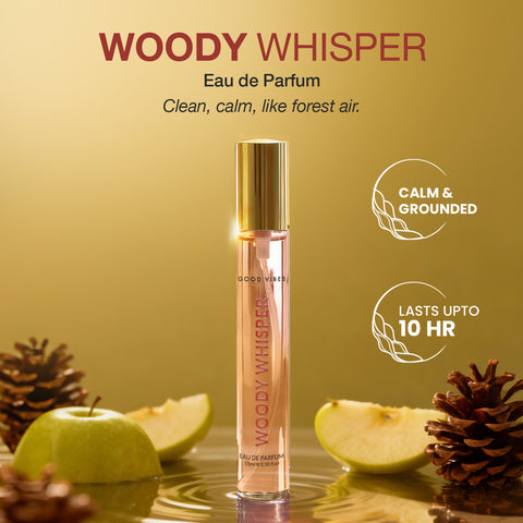 Good Vibes Woody Whisper Eau De Parfum for Women | Long-Lasting Woody Fresh Fragrance | Green Apple Vanilla & Cedarwood Notes | Uplifting Warm & Elegant Perfume | Premium Skin-Safe Travel-Friendly Pocket Perfume for Women & Girls – 15 ml