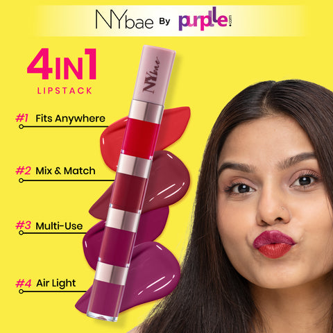 NY Bae 4 IN 1 Lip Play Liquid Lipstick - Rose Rush (4 ml) | Matte Lips | Super Pigmented | Multi-Use | Maroon & Red Shades | Travel Kit