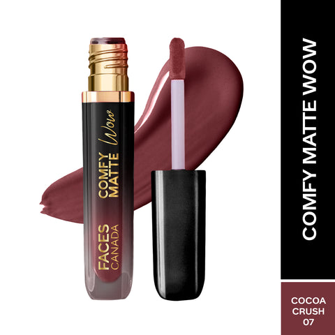 FACES CANADA Comfy Matte Wow Liquid Lipstick - Cocoa Crush 07, 3.8 ml | One Swipe Application | Highly Pigmented | Comfortable Wear | Glides Smoothly | Long Lasting | Transferproof