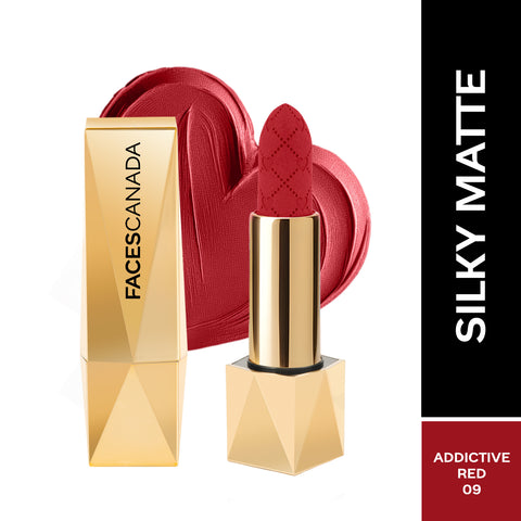 FACES CANADA Comfy Silk Obsession Lipstick - Addictive Red 09, 4 gm| Creamy Matte Finish | Highly Pigmented | 8 Hours Long Stay | Luxurious & Elegant | Glides Effortlessly | Silky Smooth Texture | Hydrating Lips