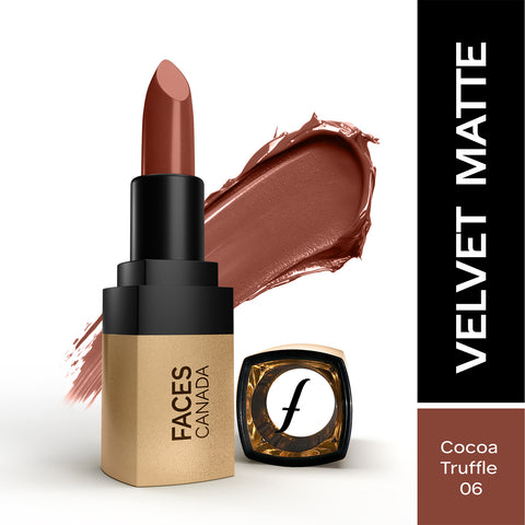 FACES CANADA Comfy Matte Velvet Touch Lipstick - Cocoa Truffle 06, 4.2 gm | Velvety Matte Finish | 8HR Longstay | Intense Colour | Hydrating Lips | Smooth Application | Foodproof & Crackproof