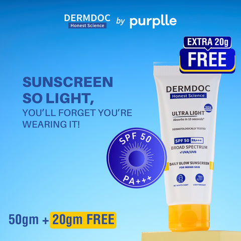 DERMDOC Ultra Light SPF 50 PA+++ Daily Glow Sunscreen | SPF 50 | PA +++ | Lightweight | Quick Absorbing | Fragrance Free |