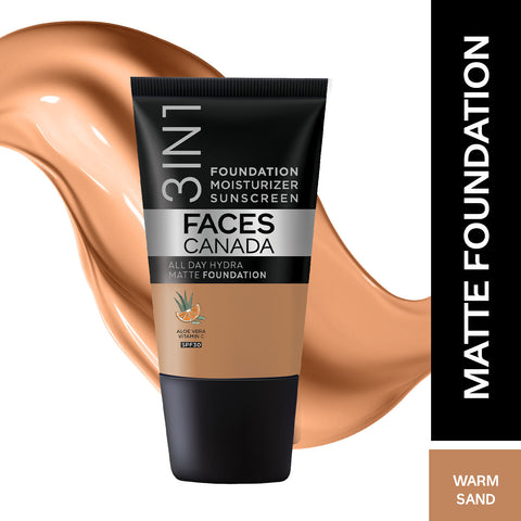 FACES CANADA All Day Hydra Matte Foundation - Mini | 3-in-1 Foundation + Moisturizer + SPF 30 | 24 HR Aloe Hydration & Vitamin C | 10HR Long Wear | Medium to High Buildable Coverage | Warm Sand | 18 ml