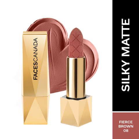 FACES CANADA Comfy Silk Obsession Lipstick - Fierce Brown 08, 4 gm | Creamy Matte Finish | Highly Pigmented | 8 Hours Long Stay | Luxurious & Elegant | Glides Effortlessly | Silky Smooth Texture | Hydrating Lips