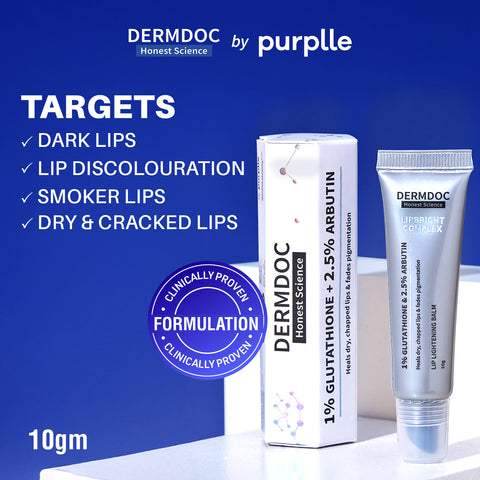 DERMDOC LipBright Treatment 1% Glutathione + 2.5% Arbutin Lip Balm (10 gm) | Brightening Lip Balm for Chapped Lips, Pigmented Lips, & Smoker Lips
