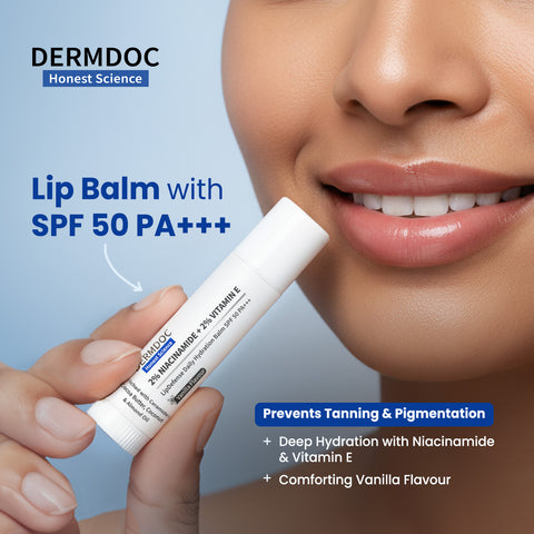 DermDoc 2% Niacinamide + 2% Vitamin E Vanilla Lip Defense Lip Balm SPF 50 PA+++ | Hydrates Repairs & Protects Dry Chapped Lips | UV Defense + 4 Hr Water Resistance | Deep Moisturization Coconut & Almond Oil - 4 gm