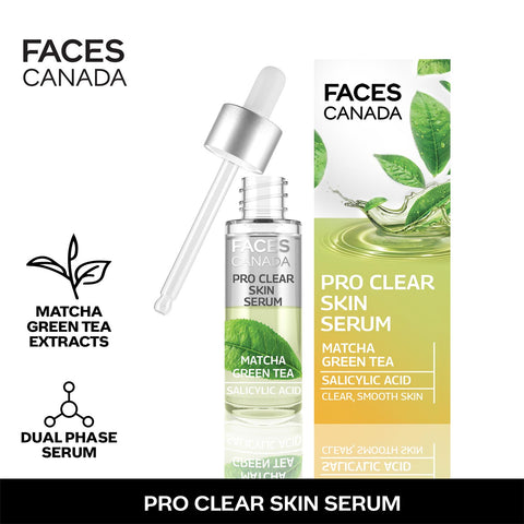 FACES CANADA Pro Clear Skin Serum, 27 ml | Matcha Green Tea & Salicylic Acid | Biphasic Face Serum | Nourishes & Soothes For Clear, Radiant & Acne-Free Skin | Helps Reduce Redness & Unclogs Pores