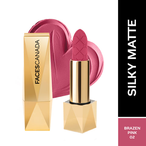 FACES CANADA Comfy Silk Obsession Lipstick - Brazen Pink 02, 4 gm | Creamy Matte Finish | Highly Pigmented | 8 Hours Long Stay | Luxurious & Elegant | Glides Effortlessly | Silky Smooth Texture | Hydrating Lips