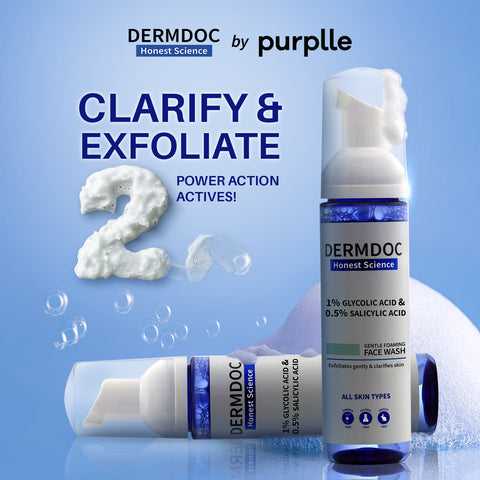DERMDOC by Purplle 1% Glycolic Acid & 0.5% Salicylic Acid Gentle Foaming Face Wash (80 ml) | foaming face wash for oily acne-prone skin | AHA BHA glow face wash | glowing & fair skin