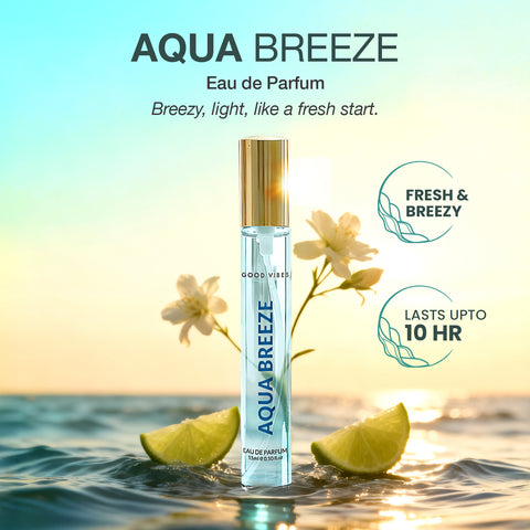Good Vibes Aqua Breeze Eau de Parfum – Lime & Sea Breeze Notes | Fresh Aquatic Perfume | Light, Clean & Breezy Scent | Long-Lasting up to 10 Hours | Everyday Refreshing Pocket Perfume for Men & Women – 15 ml
