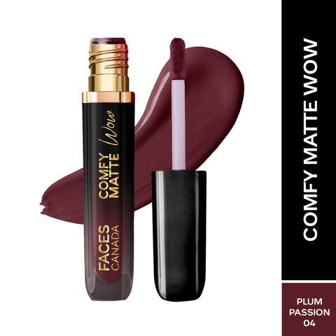 FACES CANADA Comfy Matte Wow Liquid Lipstick - Plum Passion 04, 3.8 ml | One Swipe Application | Highly Pigmented | Comfortable Wear | Glides Smoothly | Long Lasting | Transferproof