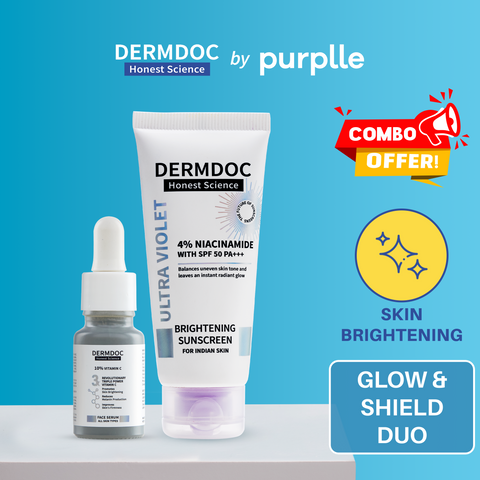DERMDOC Glow & Shield Duo (Combo of 2) | 4% Niacinamide Ultra Violet Brightening Sunscreen with SPF 50 PA+++ Sun Protection (60 gm) | 10% Vitamin C Face Serum for Glowing Skin (12 ml)