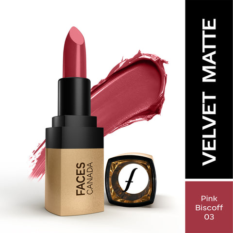 FACES CANADA Comfy Matte Velvet Touch Lipstick - Pink Biscoff 03, 4.2 gm | Velvety Matte Finish | 8HR Longstay | Intense Colour | Hydrating Lips | Smooth Application | Foodproof & Crackproof
