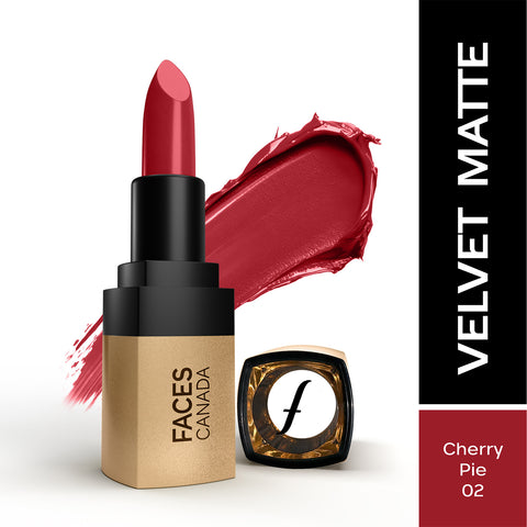 FACES CANADA Comfy Matte Velvet Touch Lipstick - Cherry Pie 02, 4.2 gm | Velvety Matte Finish | 8HR Longstay | Intense Colour | Hydrating Lips | Smooth Application | Foodproof & Crackproof