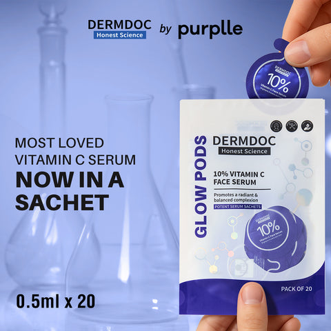 DERMDOC 10% Vitamin C Face Serum Glow Pods (Pack of 20 * 0.5 ml Each) (10 ml) | Potent Face Serum Sachets | Travel-Friendly | Brightening | Fights Dark Spots Pigmentation & Dull Skin | Serum For Acne
