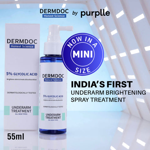 DERMDOC by Purple 5% Glycolic Acid Underarm Brightening Spray Treatment (55 ml) | Exfoliating & Brightening | MultiPurpose Spray for Hyperpigmentation, Dark Spots, Dark Neck, Dark Underarms & Strawberry Legs