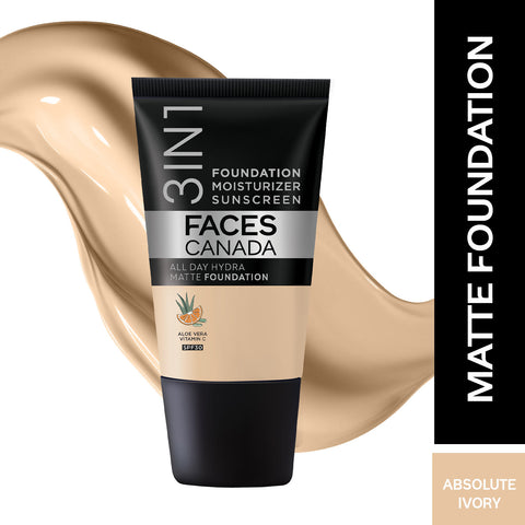 FACES CANADA All Day Hydra Matte Foundation - Mini | 3-in-1 Foundation + Moisturizer + SPF 30 | 24 HR Aloe Hydration & Vitamin C | 10HR Long Wear | Medium to High Buildable Coverage | Absolute Ivory | 18 ml